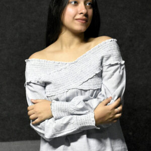 Grey Striped Off-Shoulder Smocked Top